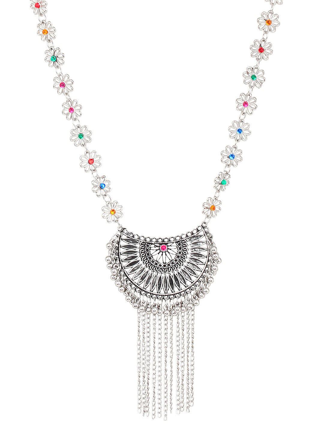 Cardinal Women Silver-Toned Pink & Yellow Stone Studded Jewellery Set