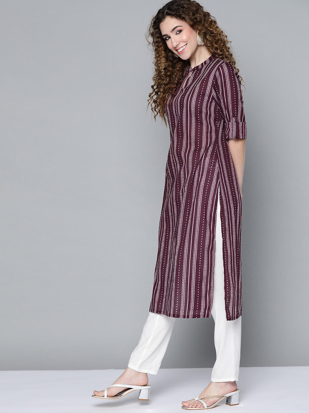 HERE&NOW Women Burgundy & White Printed Kurta