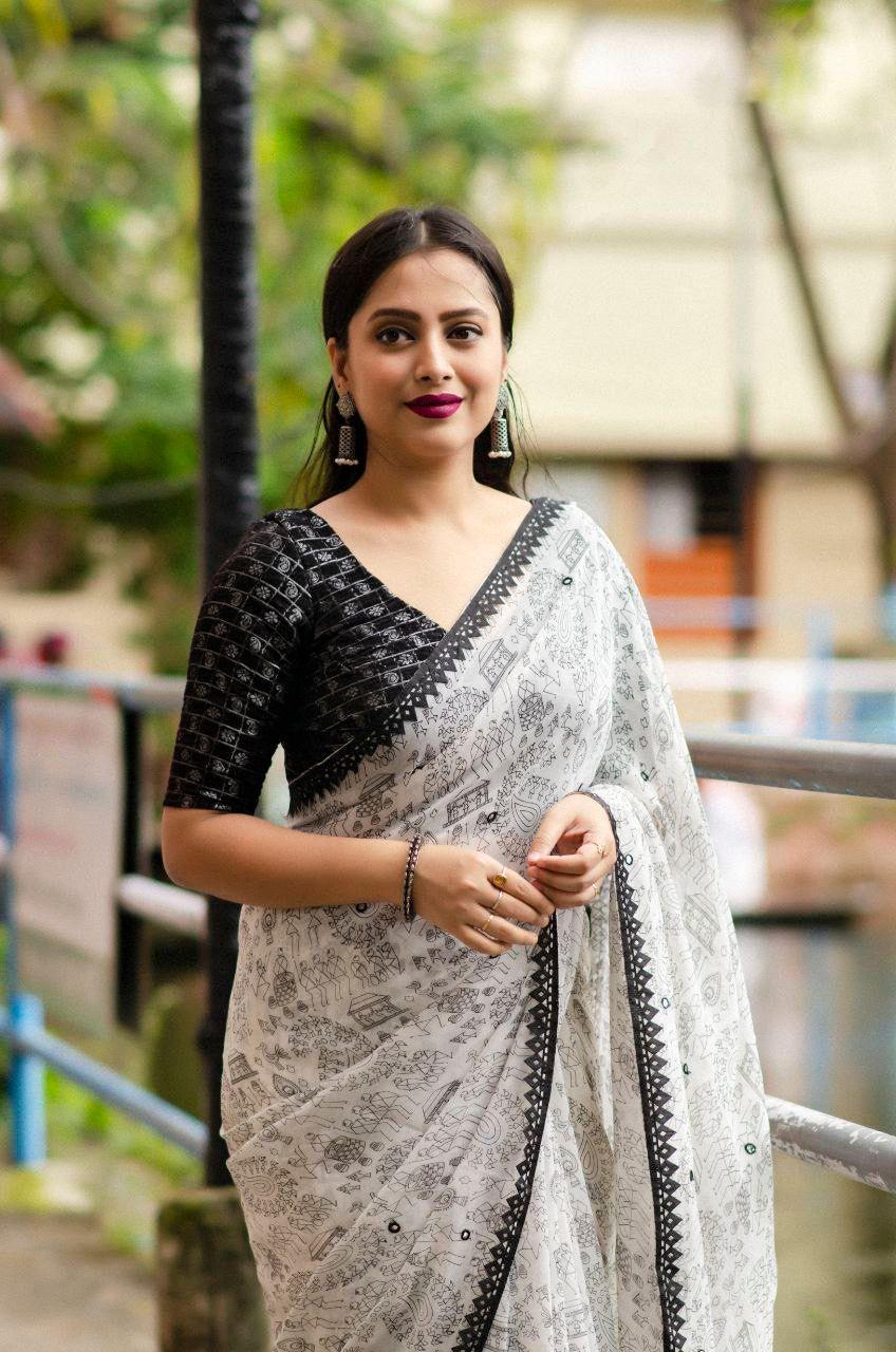 Black Pure Georgette Warli Saree with Unstitched Blouse - Hiral Fashion