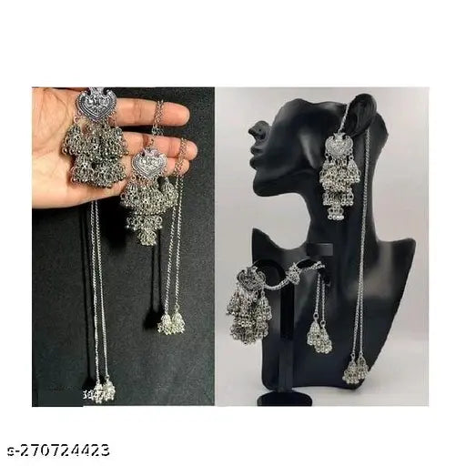 Tehzeeb Creations Women's Silver Colour Oxidised Earring With Hair Chain