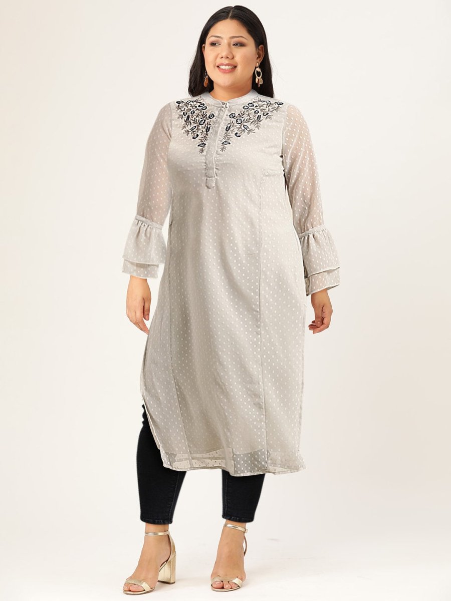All About You Women Grey Bell Sleeves Yoke Design Thread Work Dobby Kurta