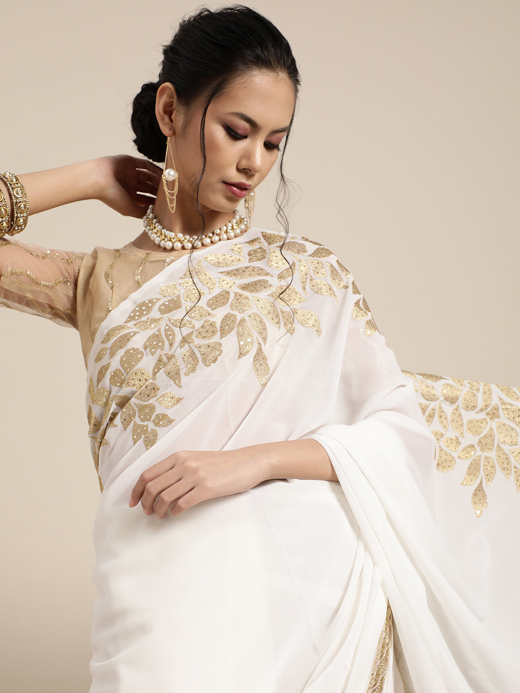 Saree Mall White & Golden Floral Muga Saree