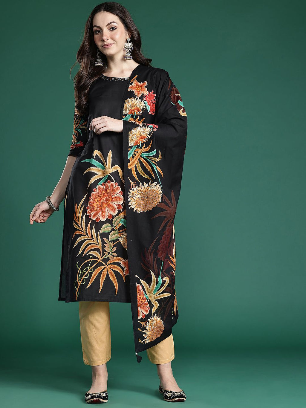 Indo Era Women Floral Printed Pure Cotton Kurta with Trousers & With Dupatta