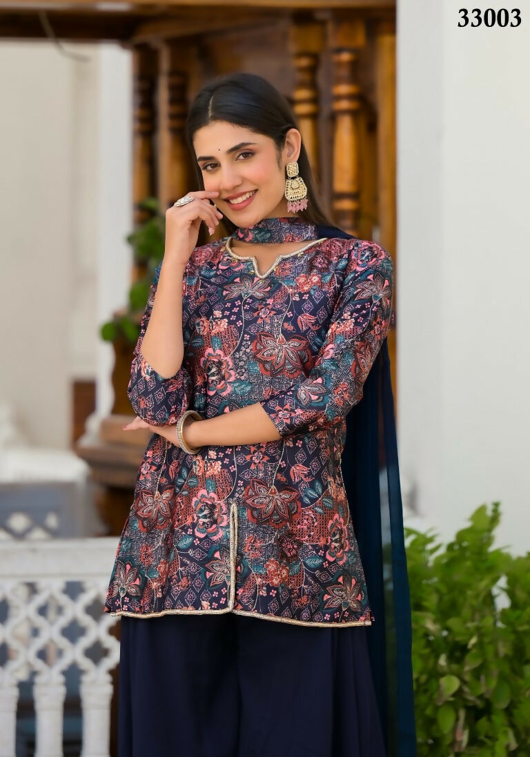 Designer Stylish Navy Blue Dull satin Stitched Suit With Dupatta - Samya