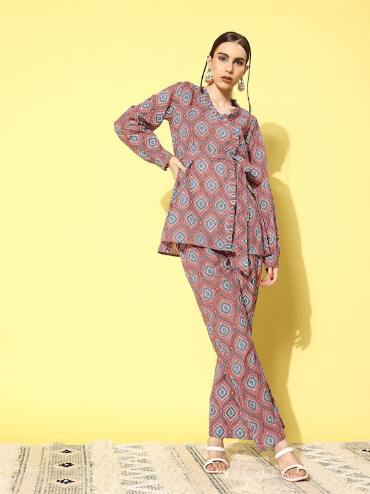 InWeave Women's Pink Blue Ogee Print Belted Coord Set