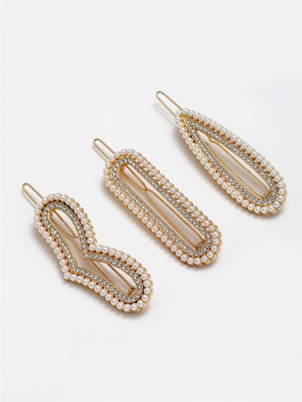 Panash Women Set of 3 Gold-Toned & White Pearls Embellished Bobby Pins