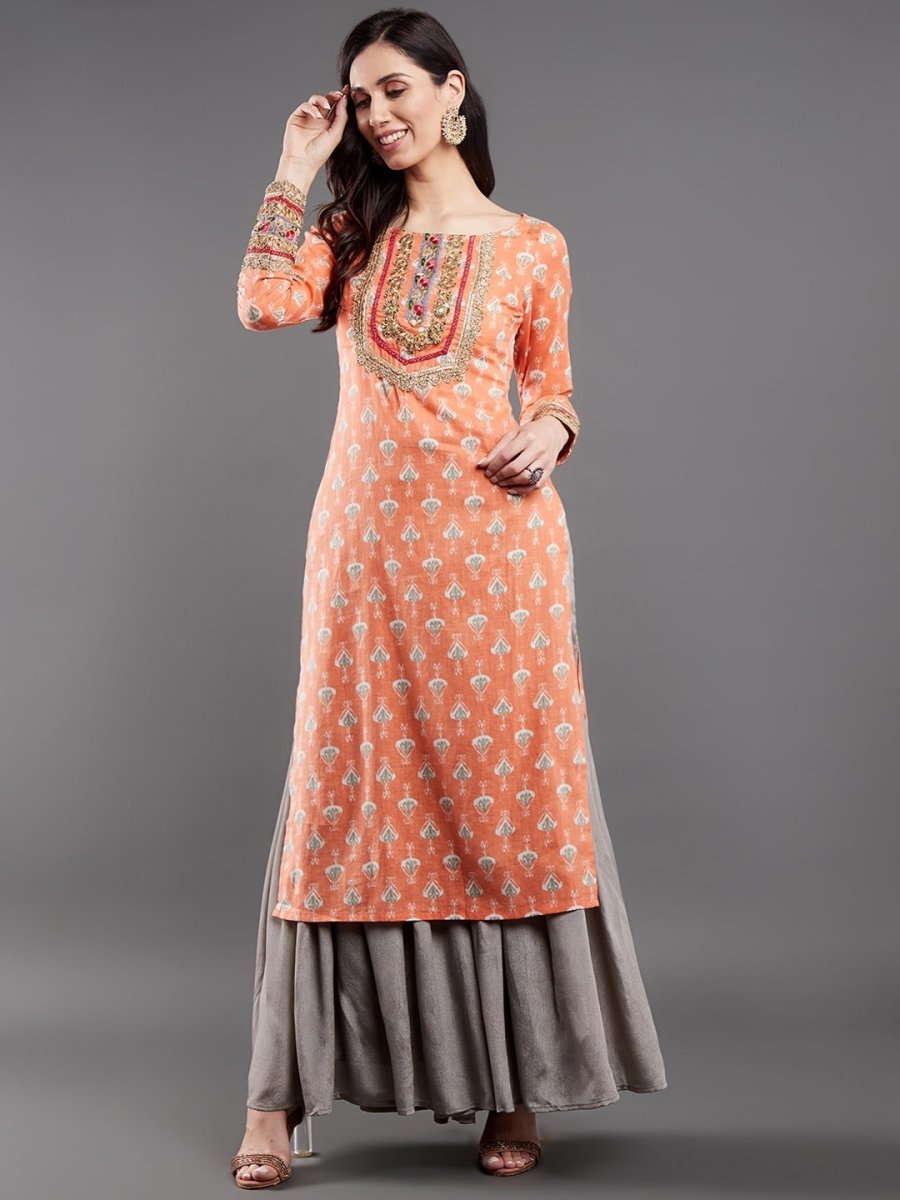Aks Ethnic Motifs Printed Sequinned Pure Cotton A Line Kurta