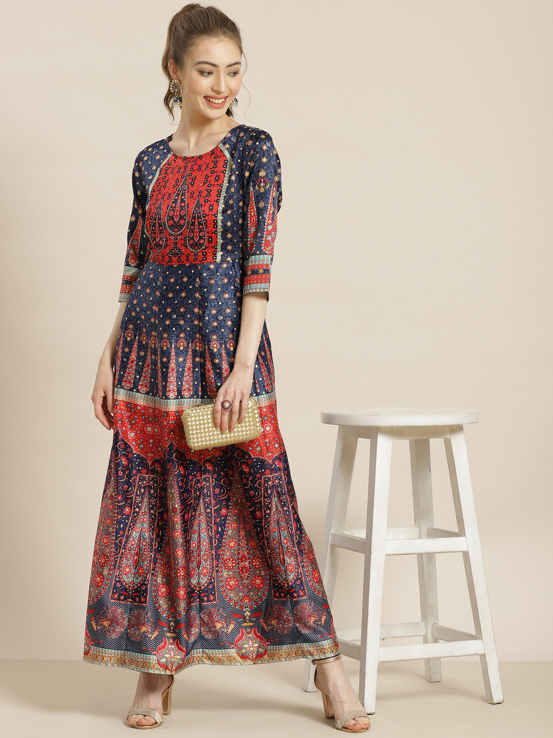 Juniper Womens Navyblue Dull Satin Floral Print Maxi Dress