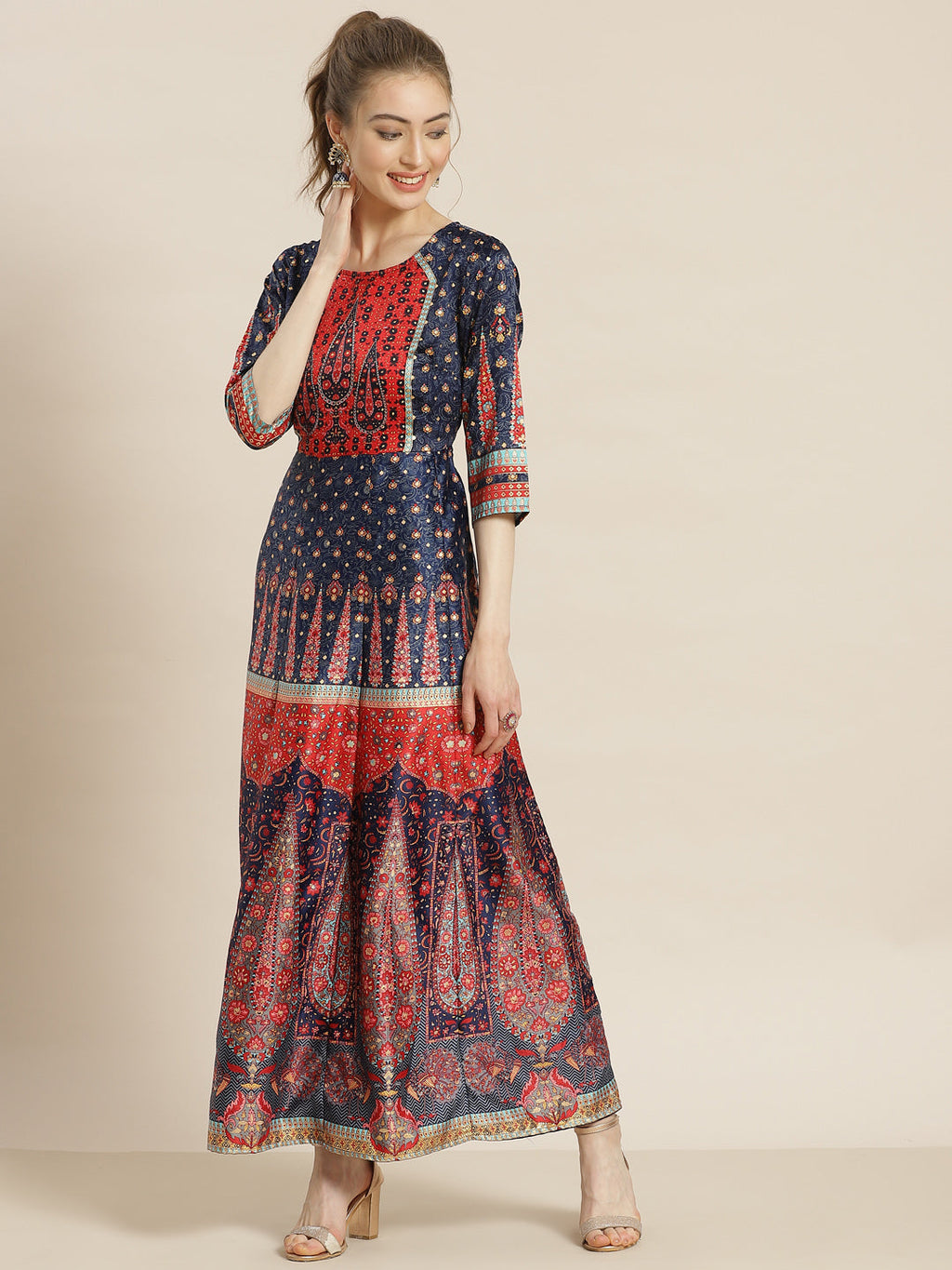 Juniper Womens Navyblue Dull Satin Floral Print Maxi Dress