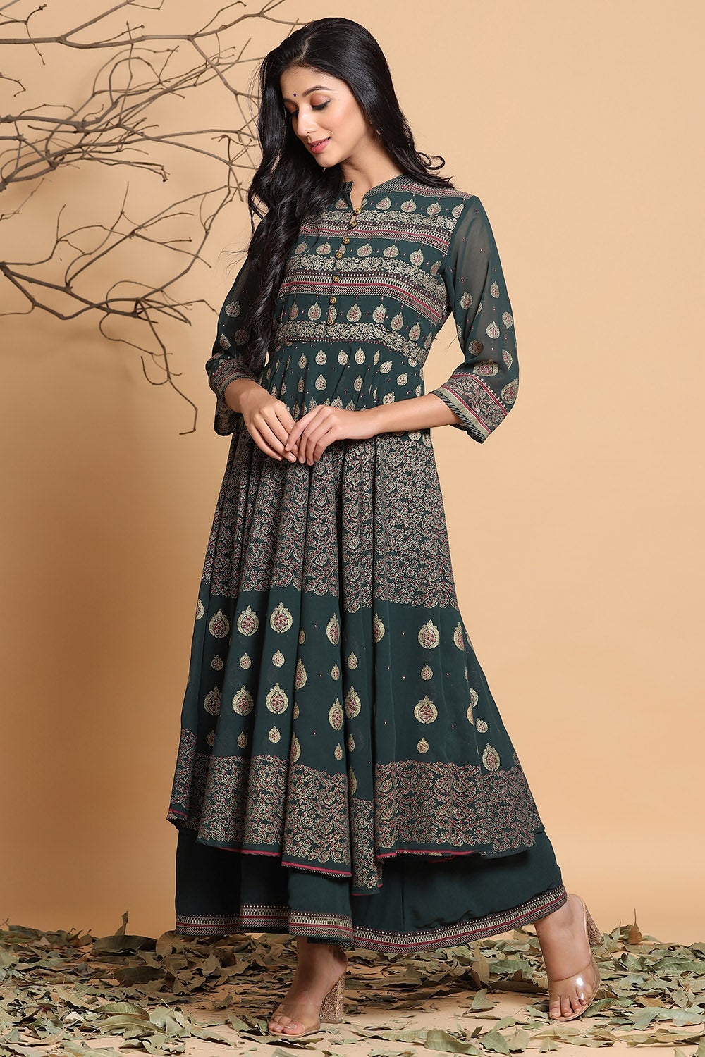 Juniper Women's Jadegreen Georgette Printed Layered Dress