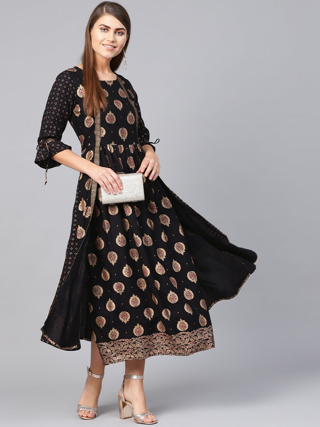 Juniper Women Black Rayon Printed Jacket Style Dress