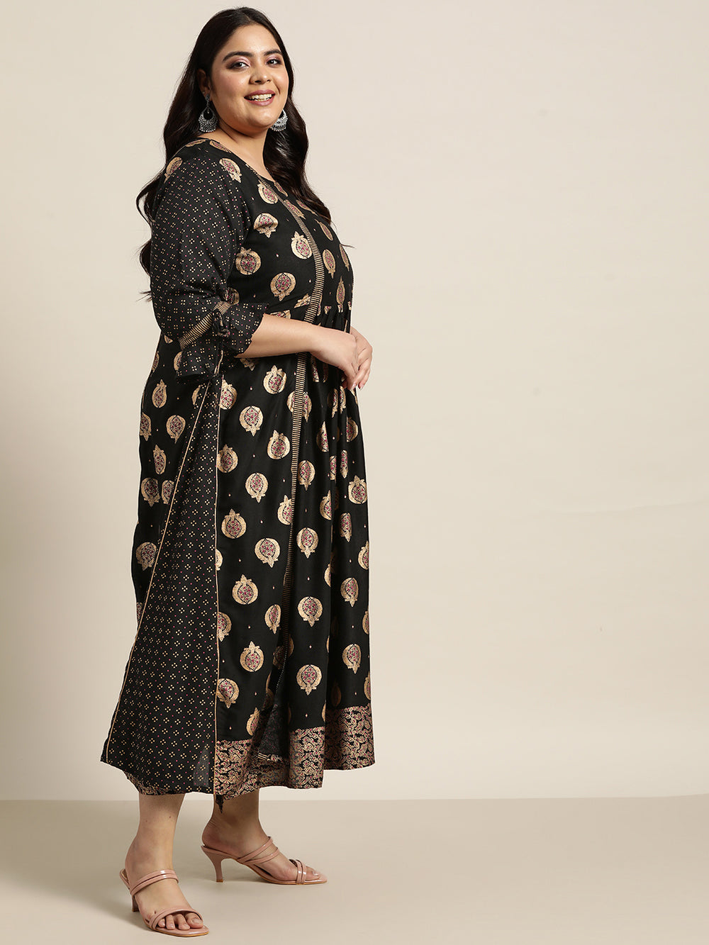 Juniper Women's Black Rayon Festive Wear Printed Jacket Style Dress