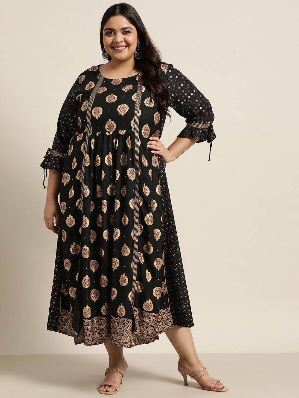 Juniper Women's Black Rayon Festive Wear Printed Jacket Style Dress