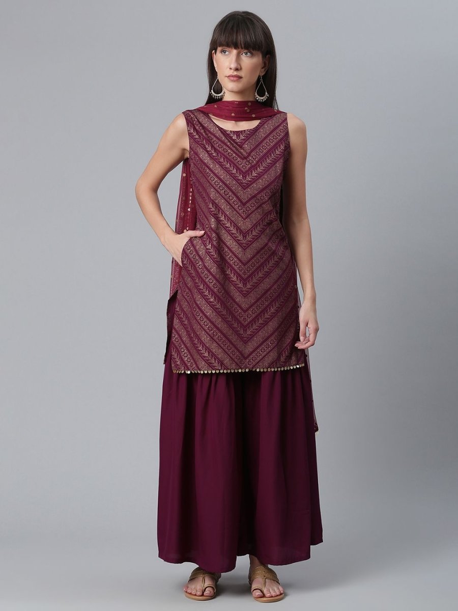 Ahalyaa Wine Crepe Glitter Print Kurta with Sharara and dupatta Set