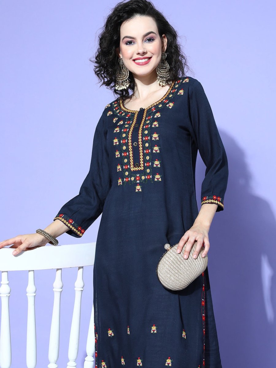 All About You Women Blue Embroidered Regular Mirror Work Liva Kurta with Trousers