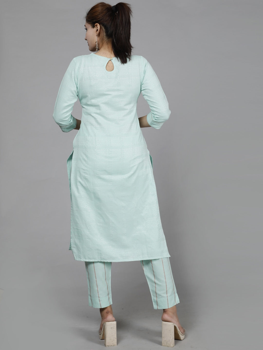 HERE&NOW Green Ethnic Motifs Embroidered Sequined Cotton Kurta Set
