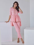 HERE&NOW Floral Printed Embroidered Sequinned High-Low Kurti with Trouserss