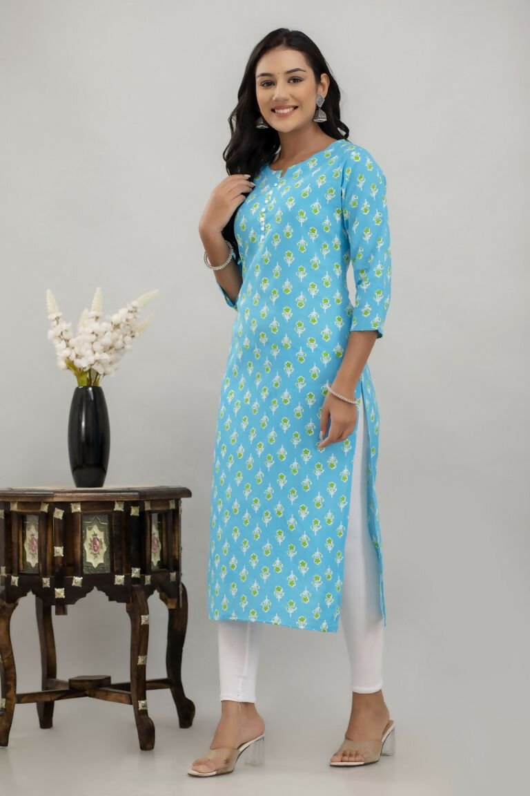 Alvano Printed Straight Kurta for Women and Girls Rayon (Lightblue)