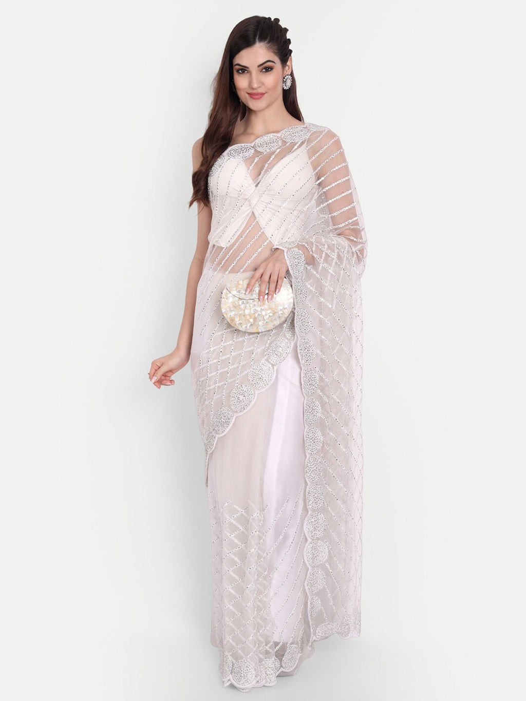 kasee Women White Floral Embroidered Net Saree