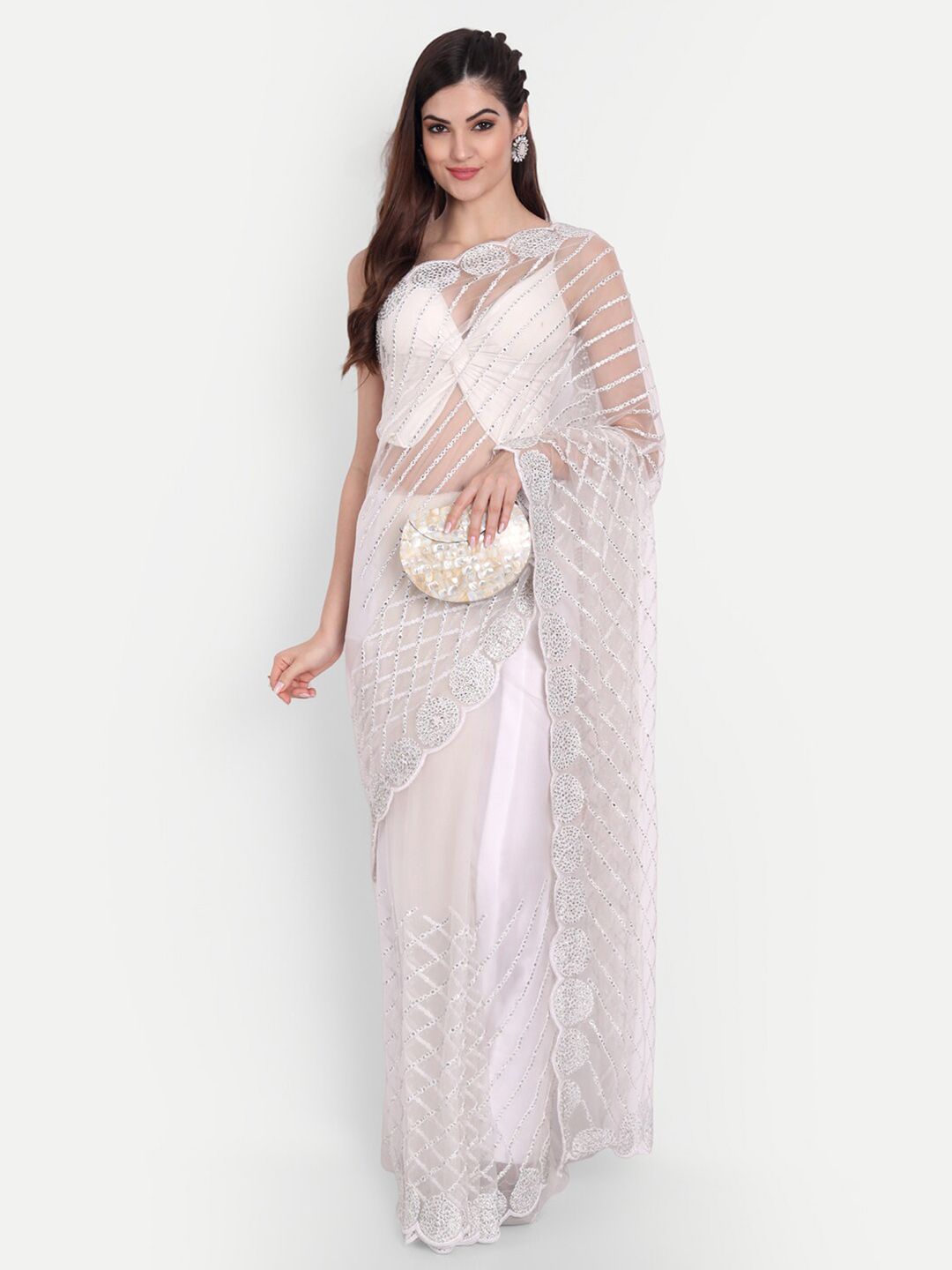 kasee Women White Floral Embroidered Net Saree