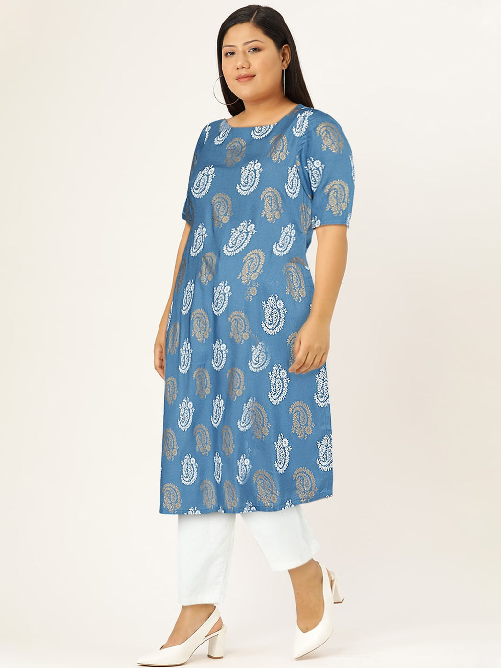 HERE&NOW Women Blue & Golden Paisley Printed Straight Kurta