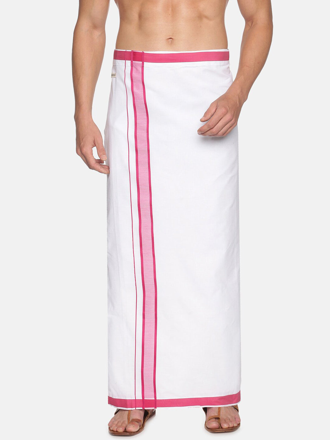 Sethukrishna White & Pink Solid Cotton Dhoti For Men