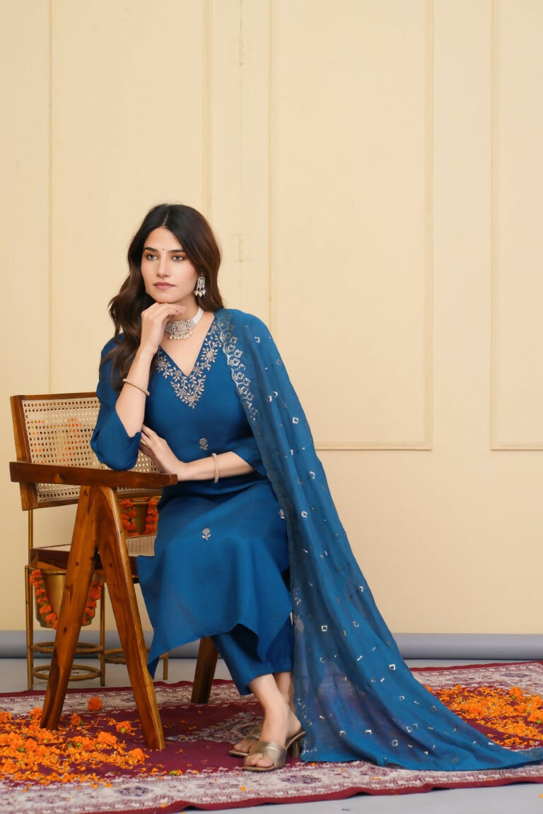 Rama Viscose Chanderi Embroidered Stitched Suit With Dupatta - Tanisha