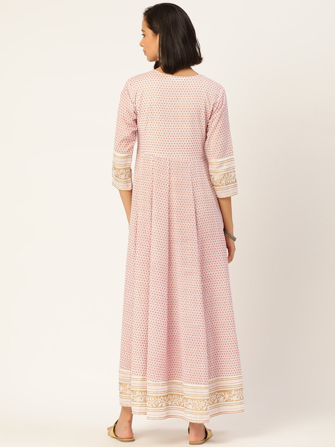 HERE&NOW Women White And Pink Polka Dot Print Cotton Anarkali Kurta With Dupatta