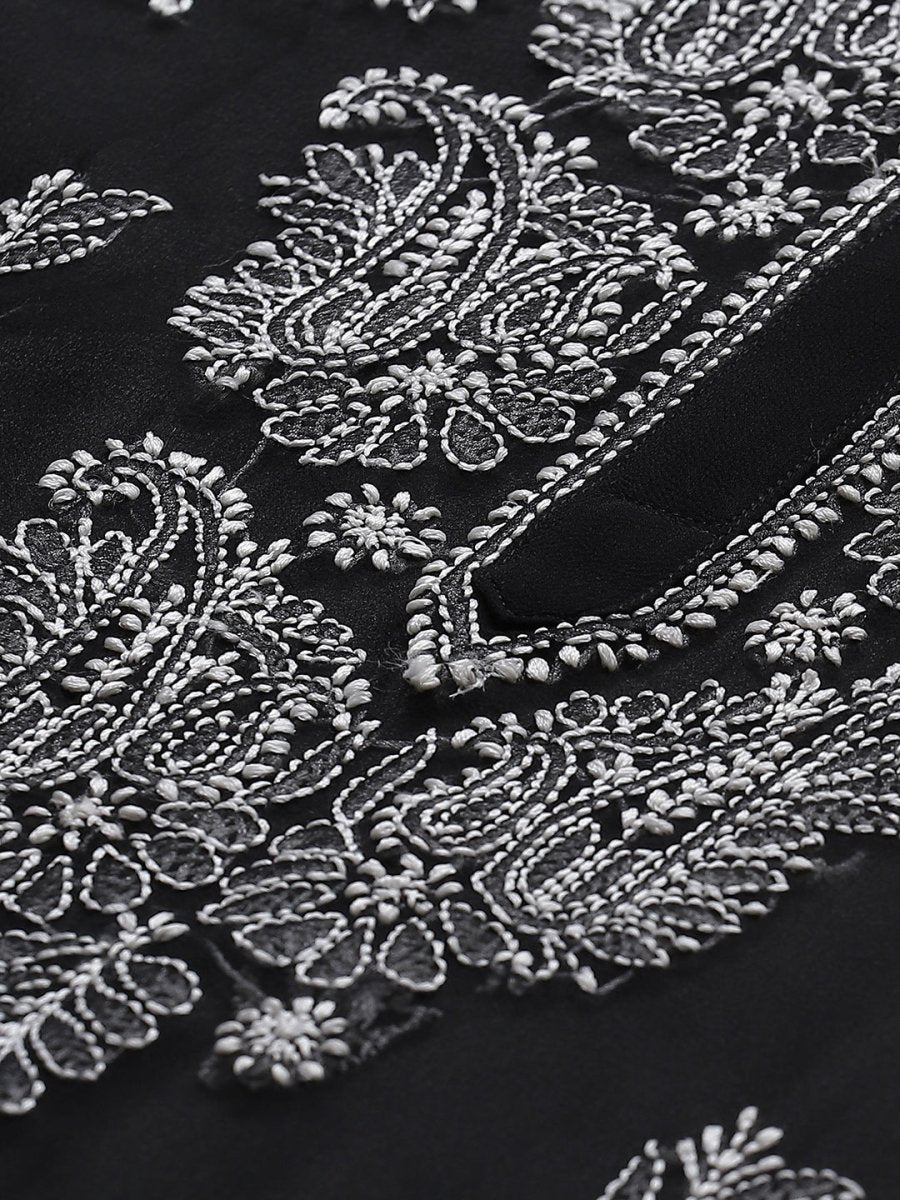 ADA Women Black & White Paisley Chikankari Embroidered Straight Handloom Kurta