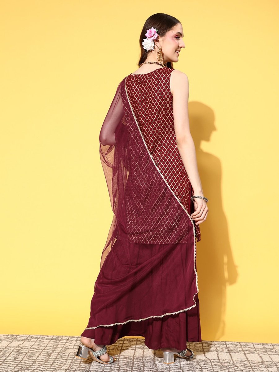 All About You Women Maroon Ethnic Motifs Printed Kurti with Fusion Bottoms & With Dupatta