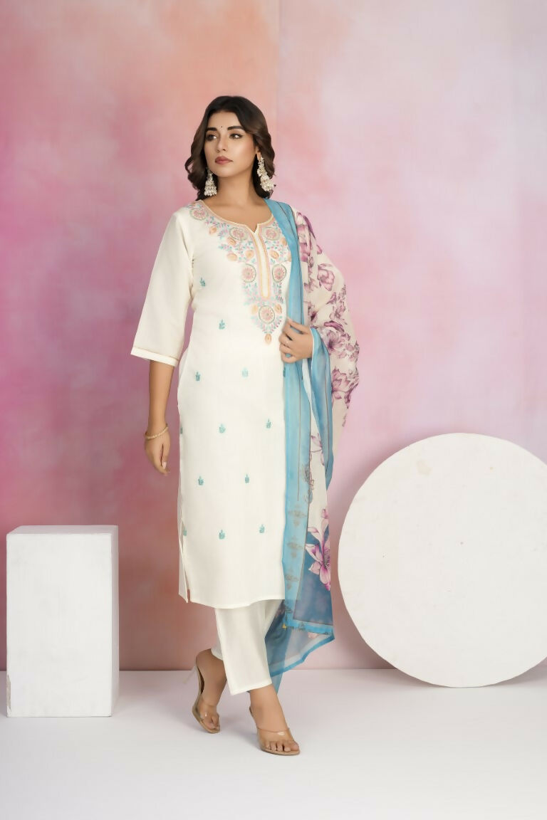 Ethnic Festive Wear Viscose Chanderi Off White Stitched Suit With Dupatta - Tanisha