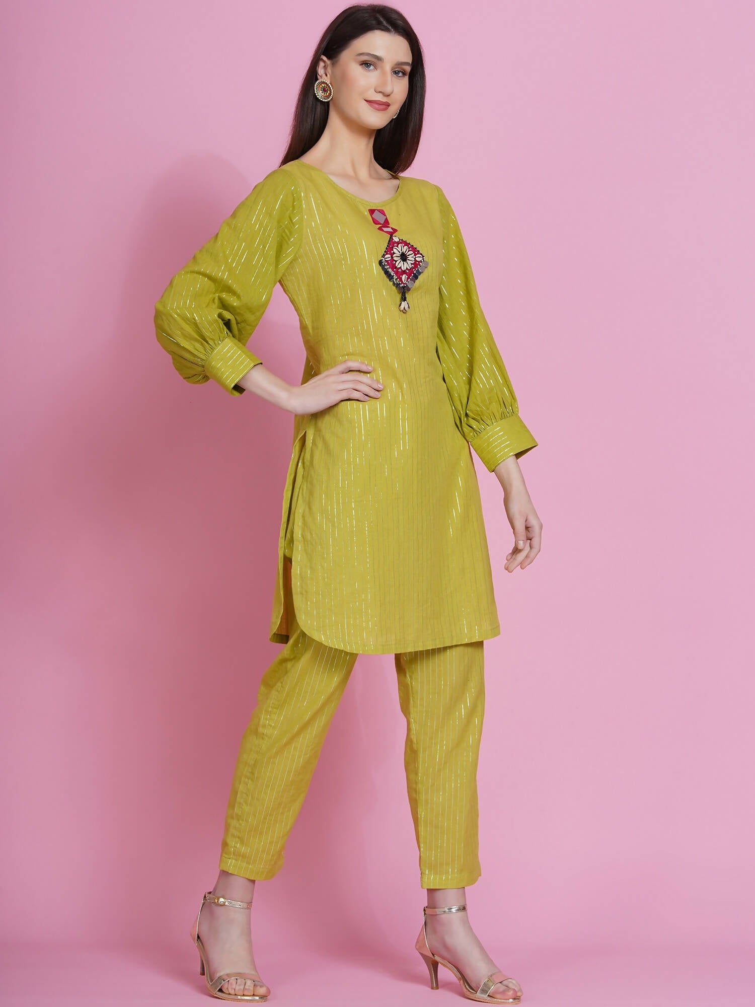 Women Republic Green Lurex Cotton Hand Embroidered Kurta With Pants