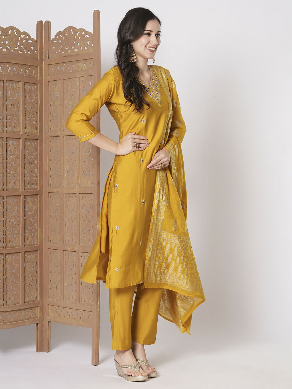 Yellow PV Chanderi Embroidery Work Kurta Set - Riya