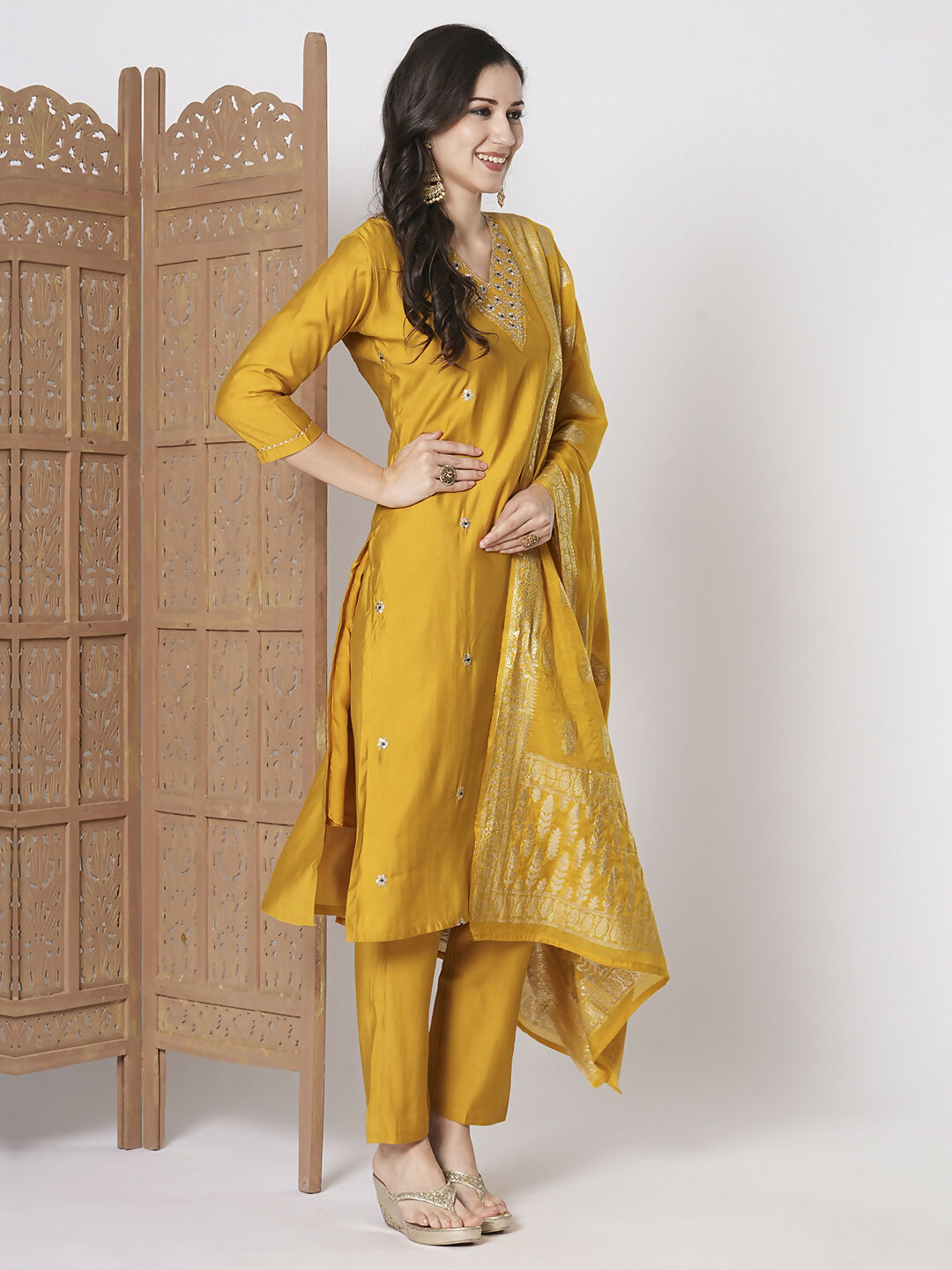 Yellow PV Chanderi Embroidery Work Kurta Set - Riya