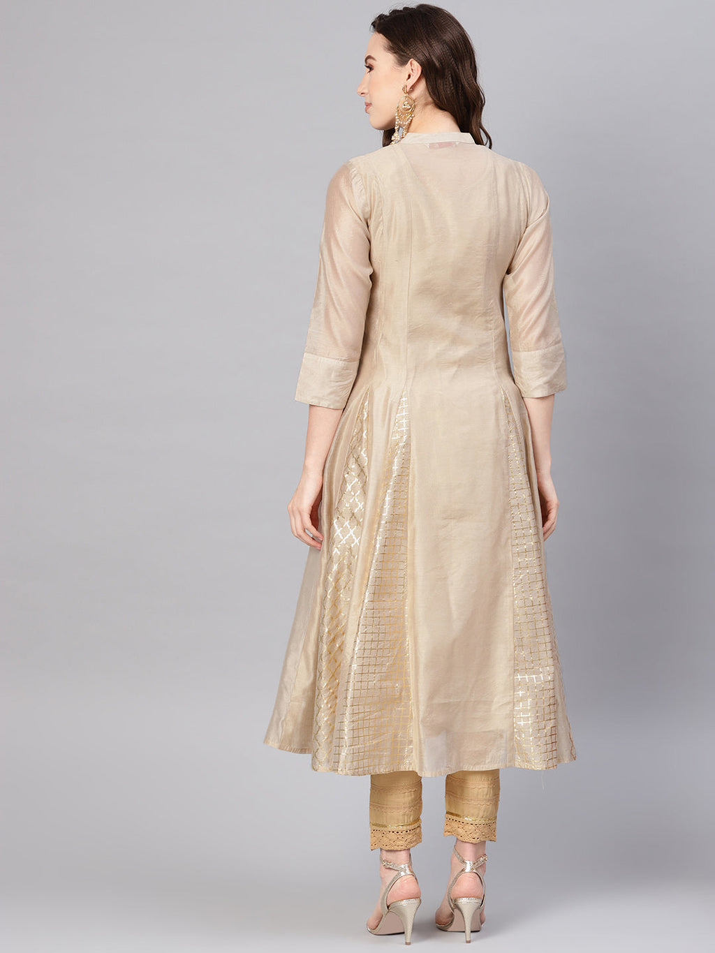 Juniper Womens Beige Chanderi Sequin Embroidered Kalidar Kurta Dress