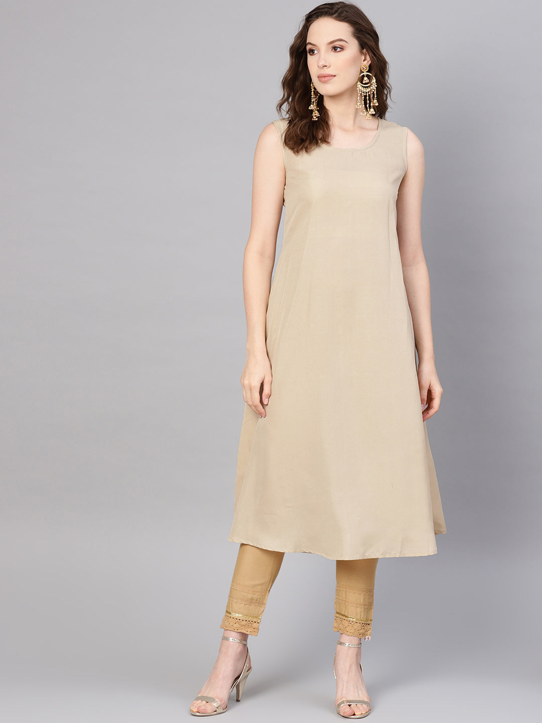 Juniper Womens Beige Chanderi Sequin Embroidered Kalidar Kurta Dress