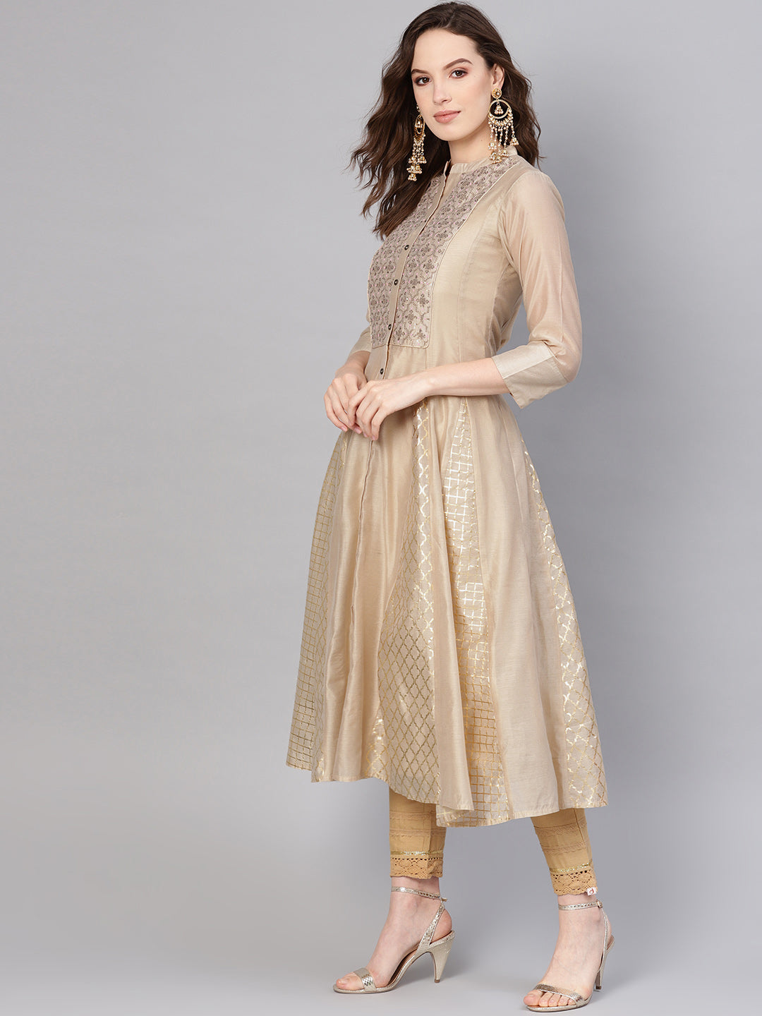 Juniper Womens Beige Chanderi Sequin Embroidered Kalidar Kurta Dress