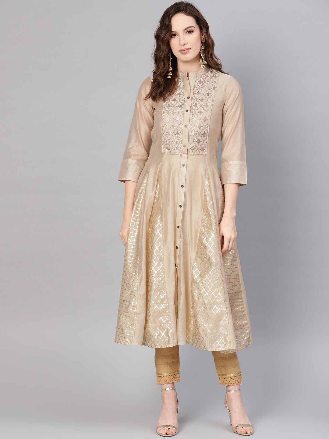 Juniper Womens Beige Chanderi Sequin Embroidered Kalidar Kurta Dress