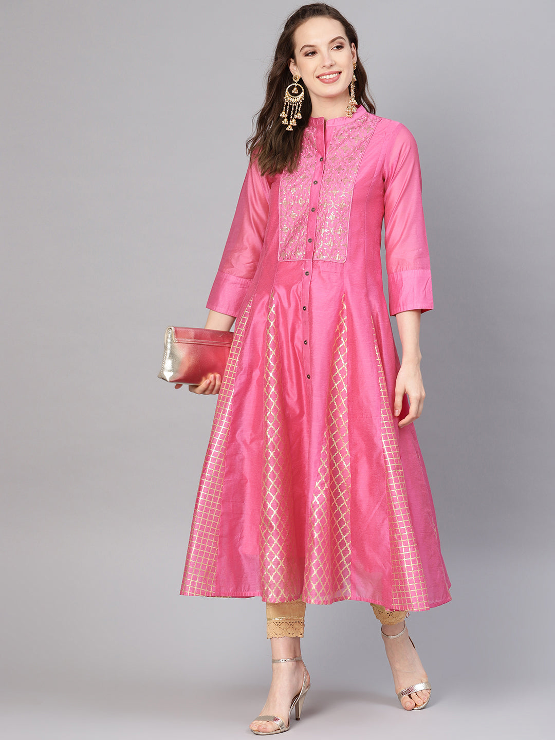 Juniper Women Fuchsia Chanderi Embellished Anarkali Kurta