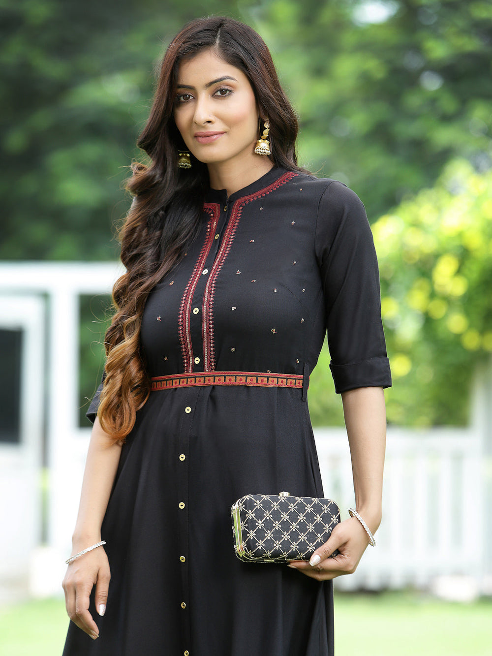 Juniper Women's Black Rayon Embellished Flared Dress