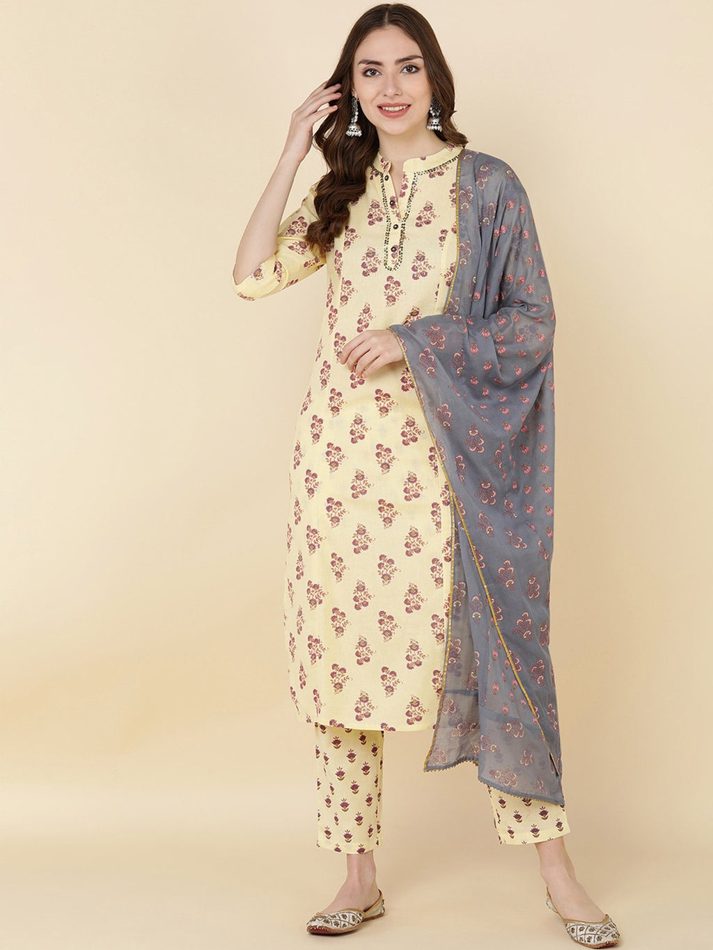 HERE&NOW Women Mustard Yellow Ethnic Motifs Printed Kurta with Trousers & With Dupatta