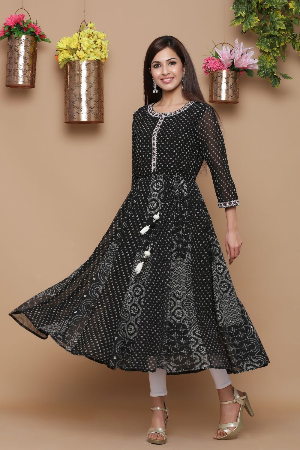 Juniper Womens Black Georgette Bandhani Print Kurta