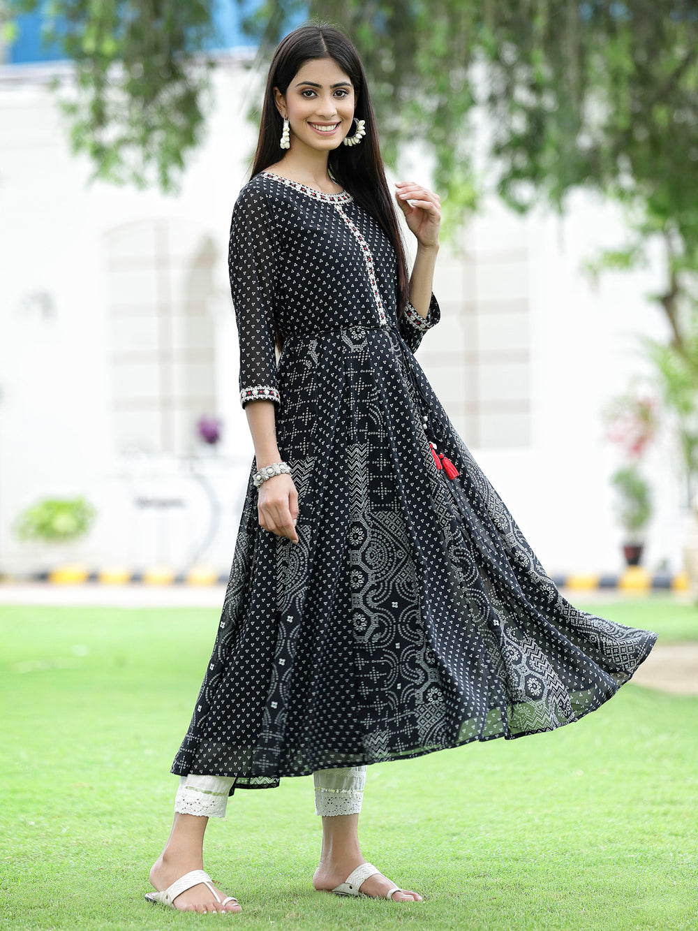 Juniper Women's Black Georgette Printed Anarkali Kurta
