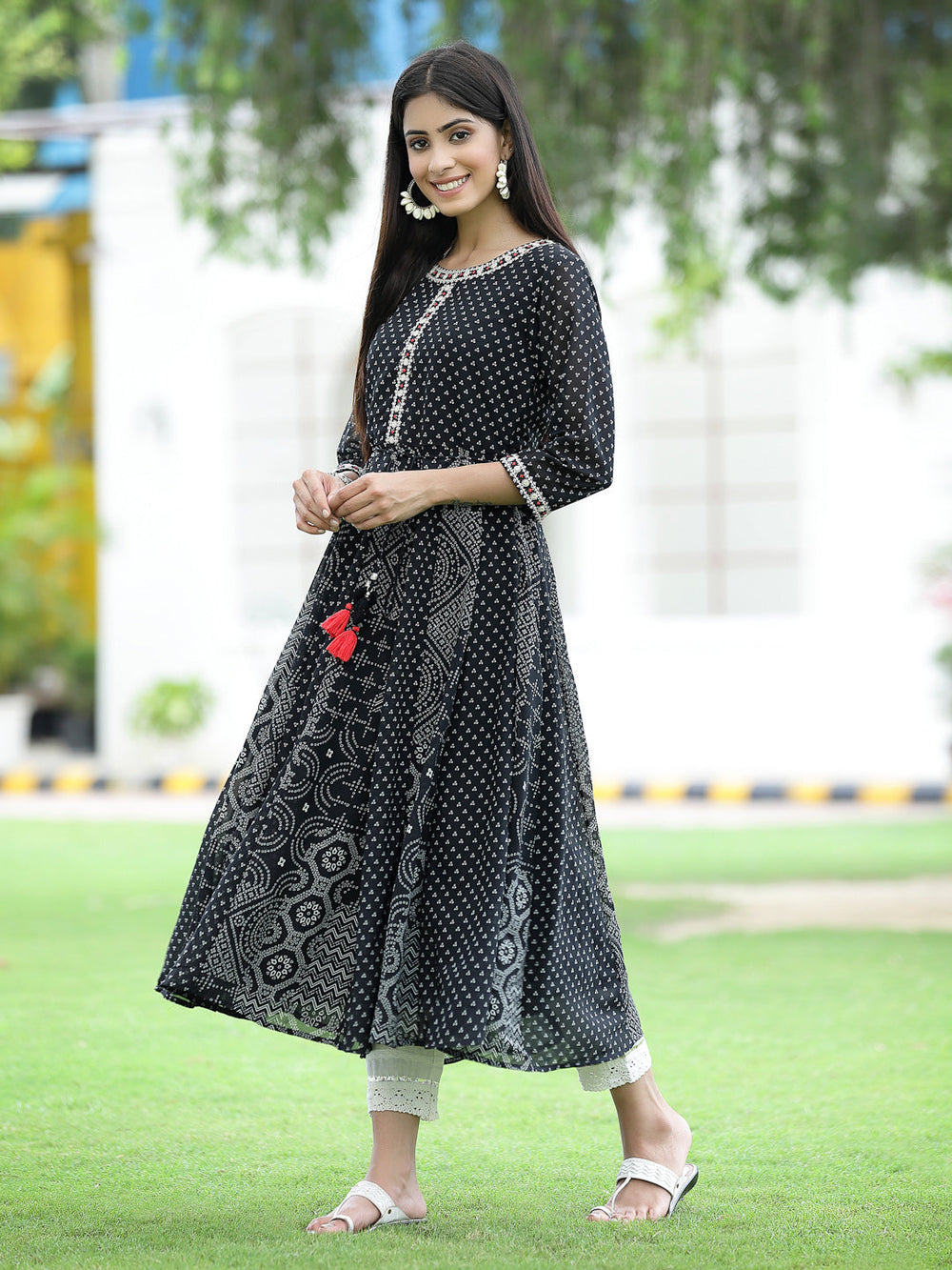 Juniper Women's Black Georgette Printed Anarkali Kurta