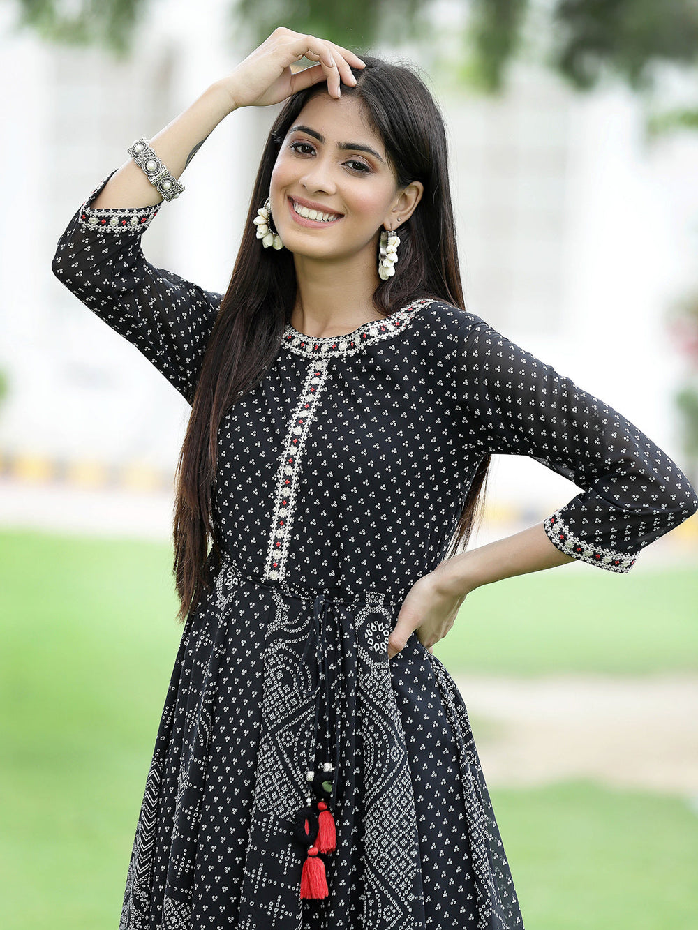 Juniper Women's Black Georgette Printed Anarkali Kurta