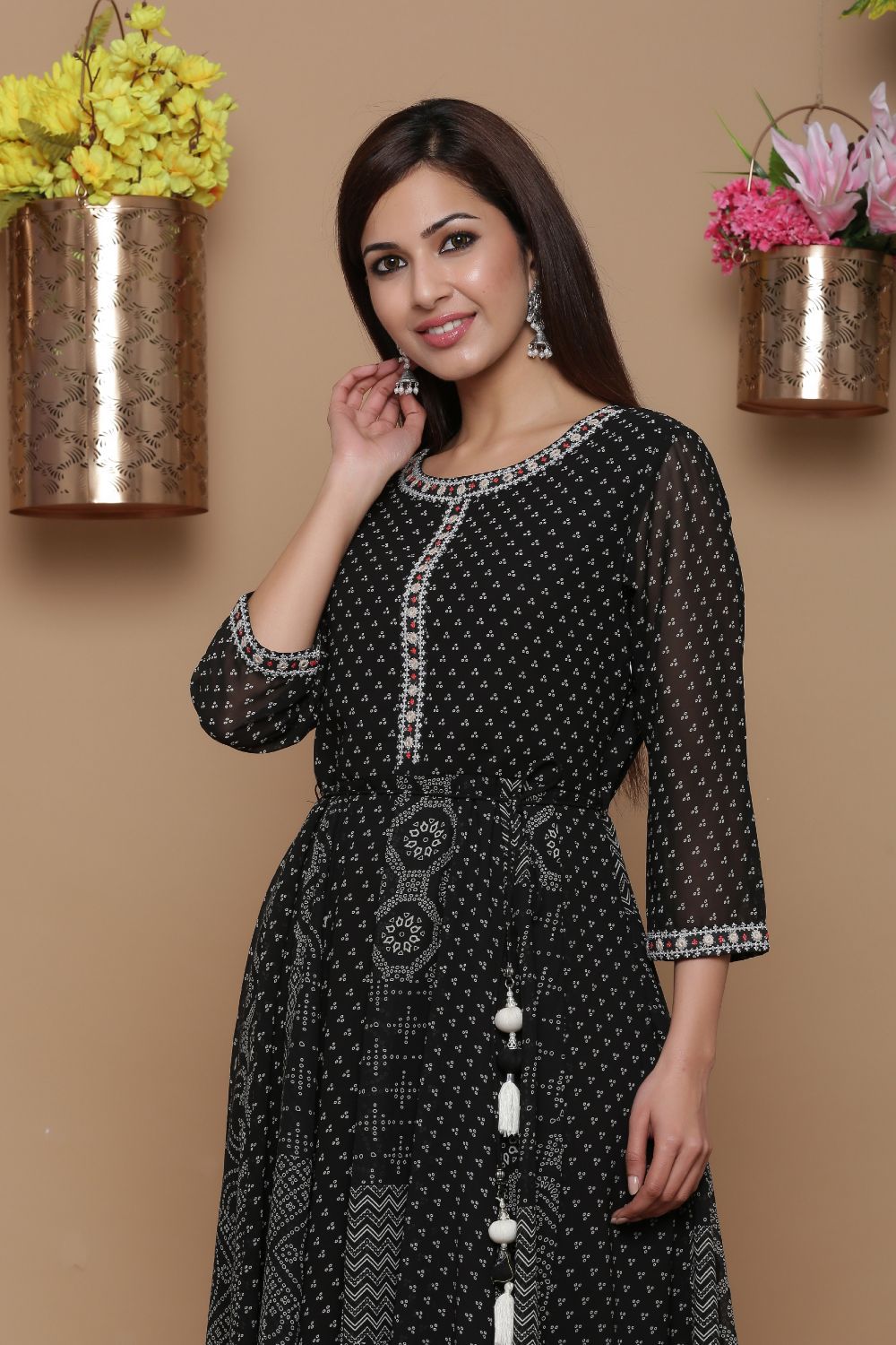 Juniper Womens Black Georgette Bandhani Print Kurta
