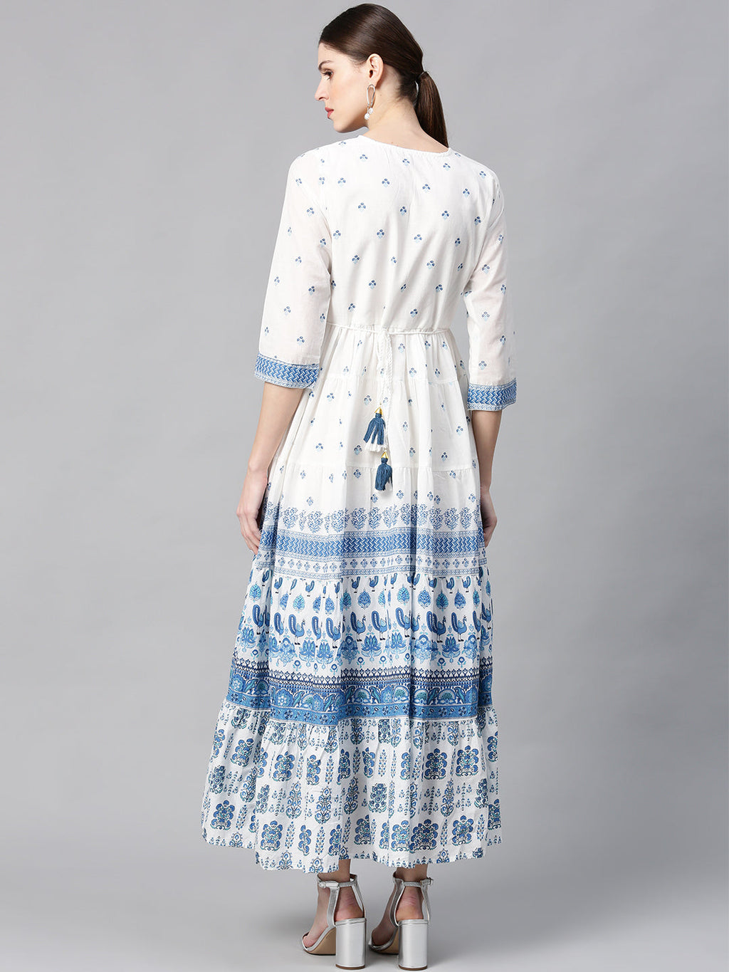 Juniper Women Blue Cotton Embroidered & Printed Tiered Dress