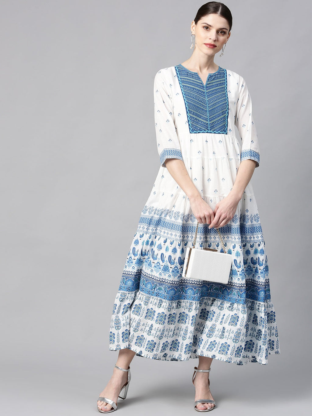 Juniper Women Blue Cotton Embroidered & Printed Tiered Dress