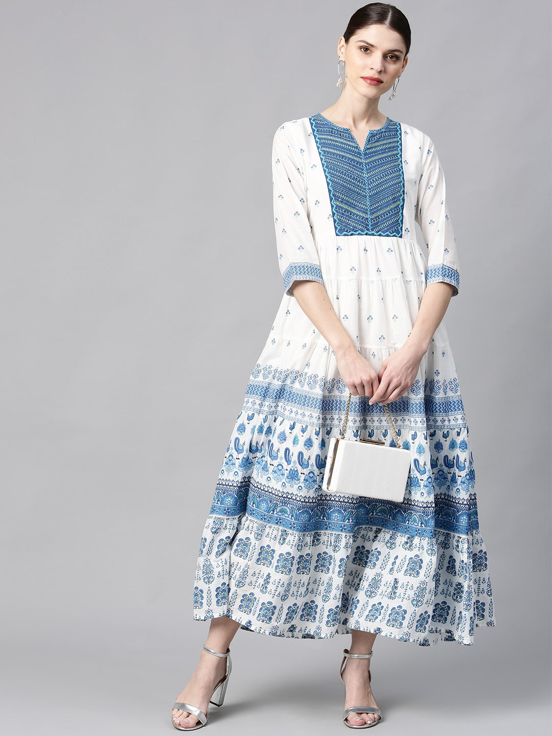 Juniper Women Blue Cotton Embroidered & Printed Tiered Dress