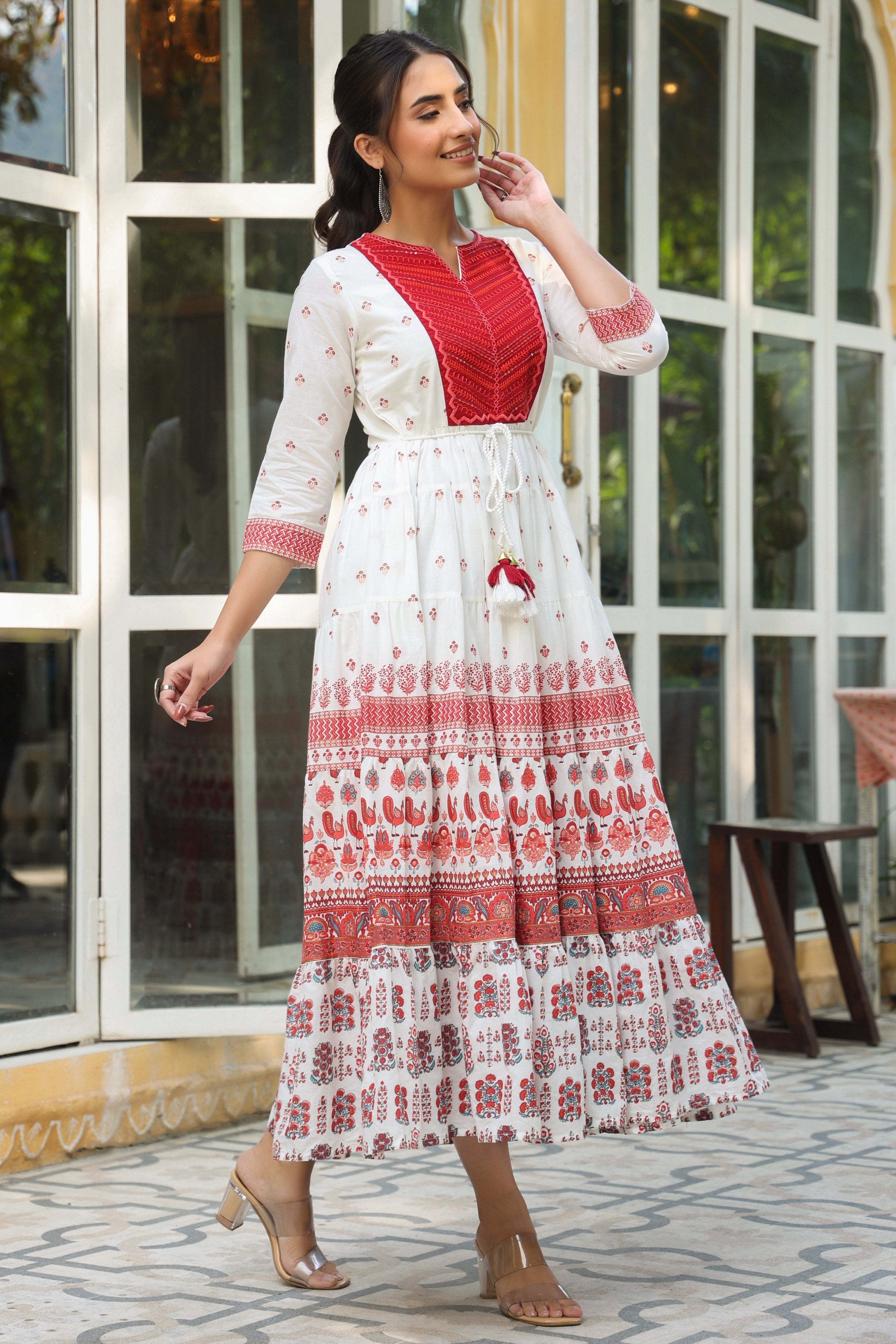 Juniper Maroon Ethnic Motif Printed Pure Cotton Tiered Maxi Dress With Sequins & Thread Work Embroidery